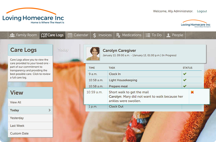Loving Homecare family portal — care logs view