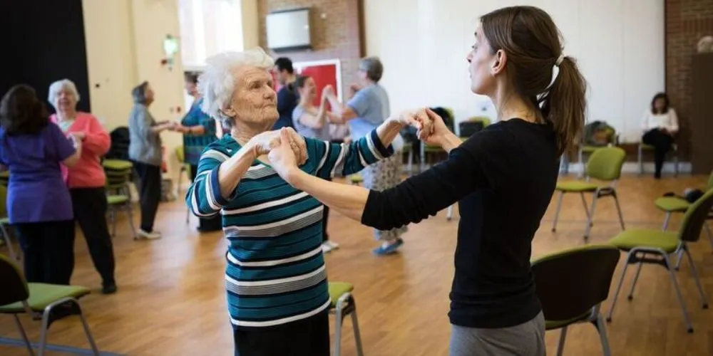 Seniors staying active in a group exercise class